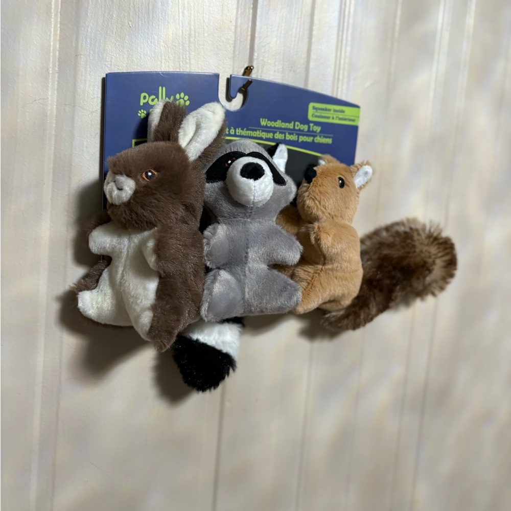Pally Paws ~ Set Of 3 Very Solf  Bunnie Squirrel Raccoon Squeaker Dog Toy. 6”